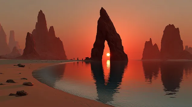 Vieniša figūra, žvelgianti į epinį raudoną saulėlydį virš mistiškų pakrantės kalnų 2K ekrano užsklanda