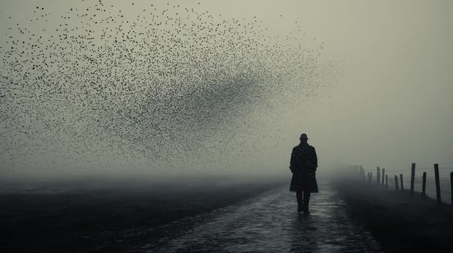 Eenzame figuur in mystieke mist met daarboven wervelende vogels 2K achtergrond