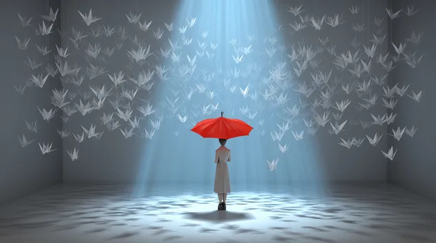 vienisa figura prozektoriu sviesoje su raudonu skeciu origami spieciaus apsuptyje atsisiusti