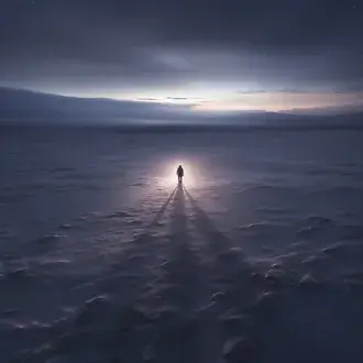 lone human figure standing before a blinding radiant portal within a frozen desolate world