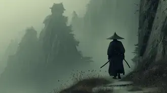 Samurái solitario en las Montañas Nubladas: Una escena serena y misteriosa 2K fondo de pantalla