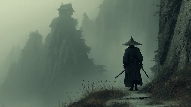 Lone Samurai in Misty Mountains: A Serene and Mysterious Scene 2K wallpaper