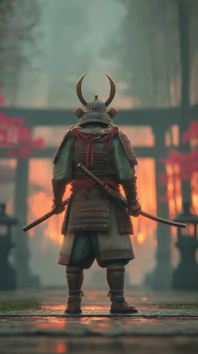 samurai solitari dempeus amb espases i armadura mirant un pati ennuvolat baixada