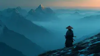 figura di guerriero solitario che contempla il paesaggio della catena montuosa al tramonto scarica