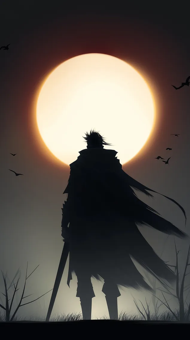 posta de sol del guerrer solitari: art de silueta de fantasia epica baixada