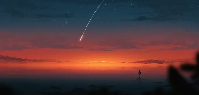 Bocah kesepian membuat permohonan dari bintang jatuh saat matahari terbenam 4K wallpaper