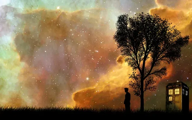 Lonely boy standing beside his house looking at the stars HD wallpaper