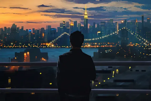 Lonely Boy Watching The Sunset Of His City 