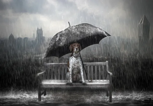Ein einsamer Hund wartet auch im Regen auf seinen Besitzer herunterladen