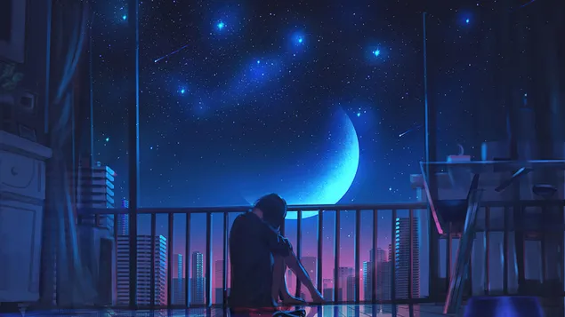 Lonely Girl Alone in Moon Night 4K wallpaper