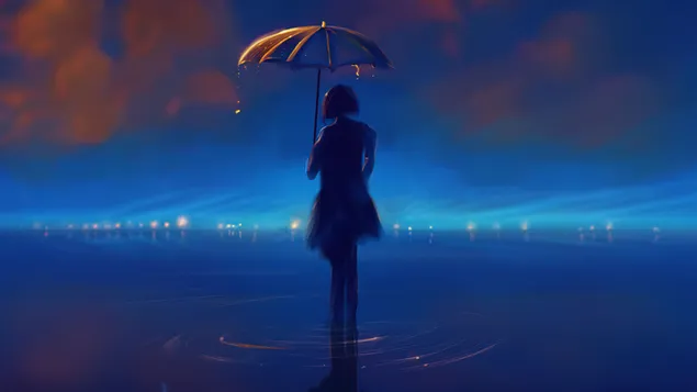 Einsames Mädchen, dunkle, regnerische Nacht 4K Hintergrundbild