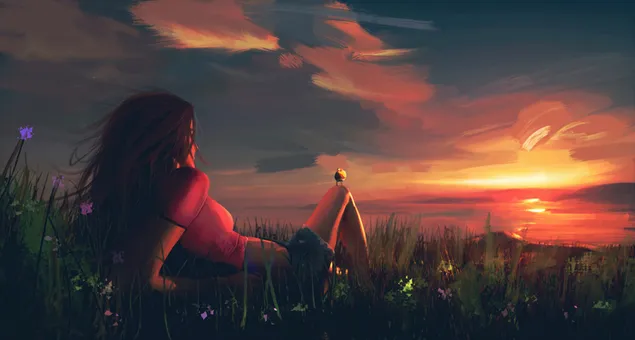 Осамена девојка се радува на убавината на зајдисонцето 4K тапет