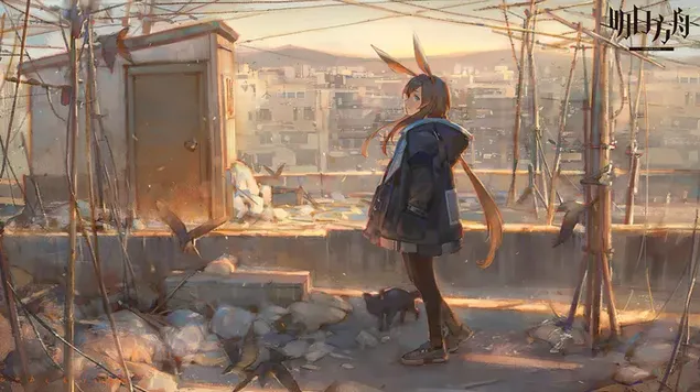 Lonely girl looking at her home in her destroyed city download
