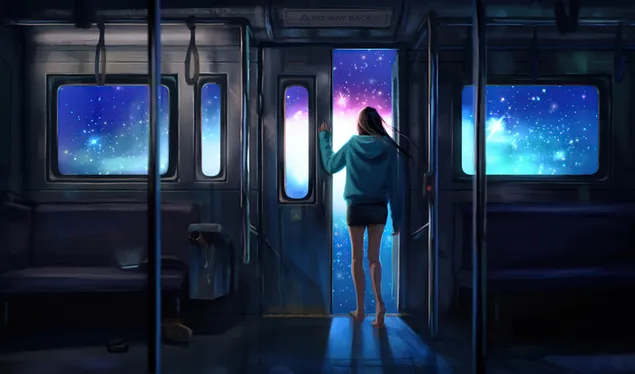 Gadis kesepian melihat keindahan di luar pintu kereta unduhan