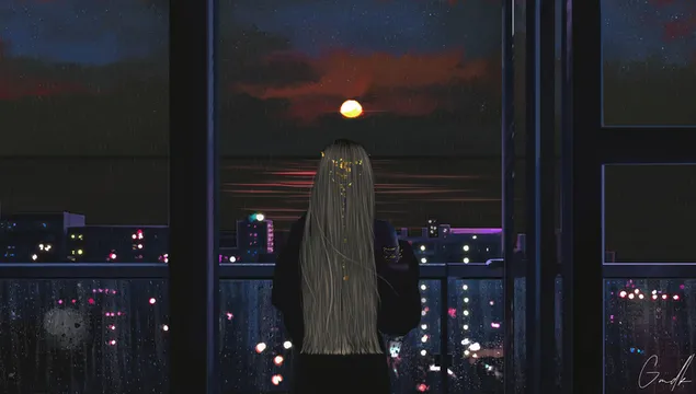 Fille seule regardant le coucher du soleil depuis le balcon 4K fond d'écran