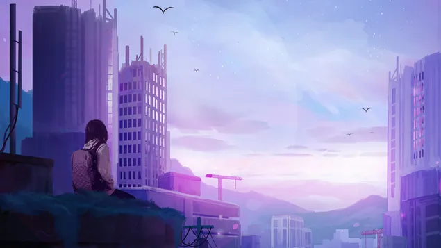 lonely girl looking morning sunrise  download