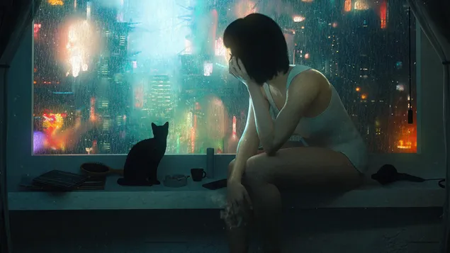 Lonely girl watching her city buildings with her cat 4K wallpaper