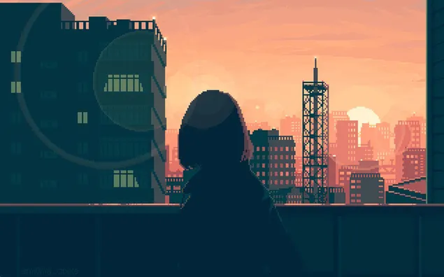 Noia solitària mirant la posta de sol des del balcó baixada