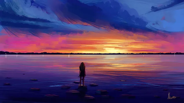 夕日の海を眺める孤独な少女 ダウンロード
