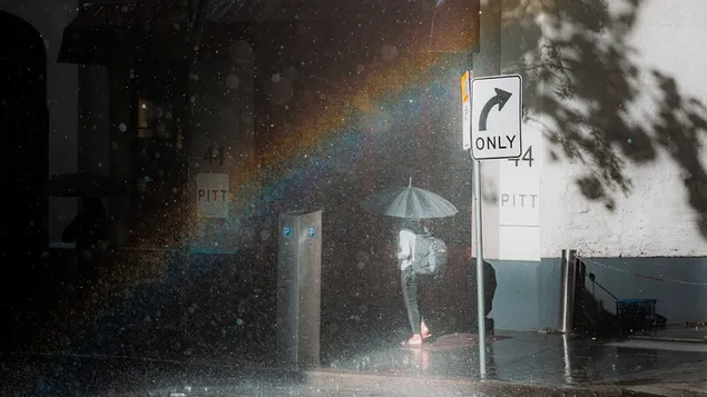 Einsames Mädchen mit Regenschirm an einem regnerischen Tag 4K Hintergrundbild