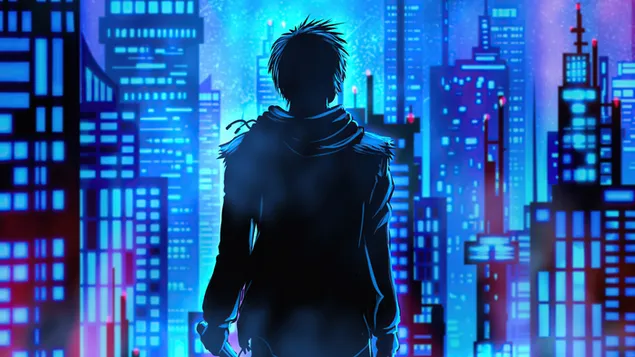 Eenzame man en cyberpunk digitale wereld 4K achtergrond
