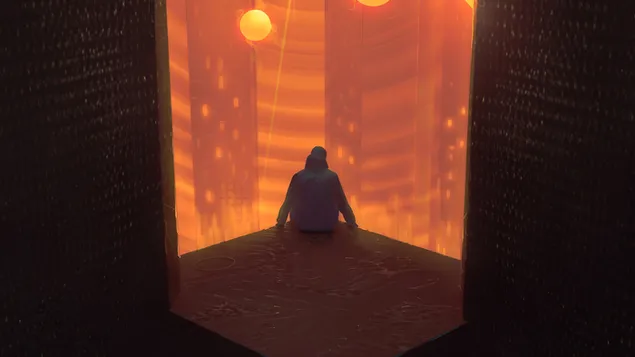 Samotny facet i widok na zachód słońca z góry 4K tapeta