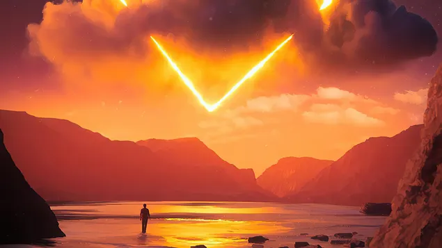 Pria kesepian menyaksikan matahari terbenam dengan bentuk yang unik 4K wallpaper