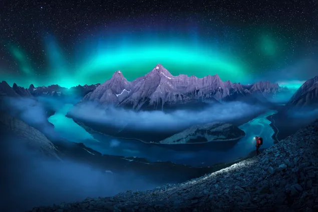 Pria kesepian menonton pegunungan auruora 4K wallpaper