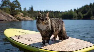 Tapeta Dlouhosrstá kočka na paddleboardu, dobrodružství u jezera 2K