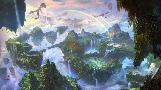 滝や森で形成される虹や空飛ぶ恐竜は幻想的に見えます