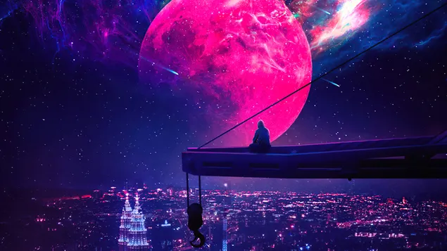 Tapeta Stratený v meste a červený mesiac 4K