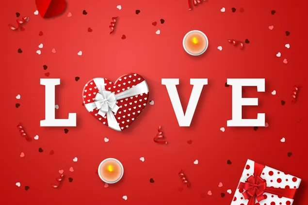 Liefde geschreven met hartvormige geschenkdoos - rode achtergrond met confetti