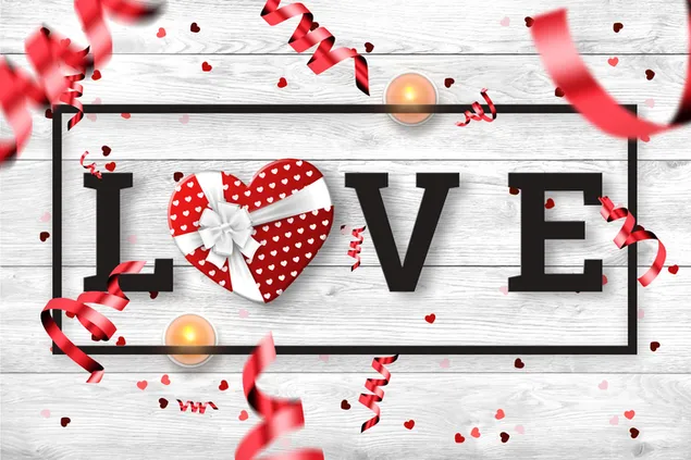 Liefde geschreven met hartvormige geschenkdoos - houten achtergrond met confetti