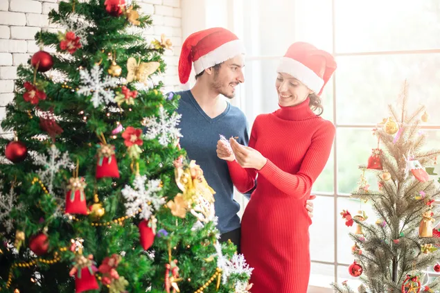 Cặp đôi đáng yêu trang trí cây thông Noel cho ngày lễ