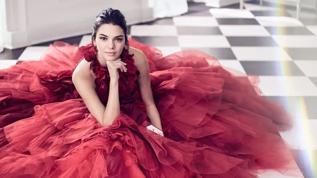 Hình nền Người mẫu đáng yêu 'Kendall Jenner' trong bộ váy màu đỏ 4K