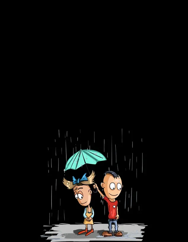 Liebhaberzeichentrickfiguren im Regen vor schwarzem Hintergrund herunterladen