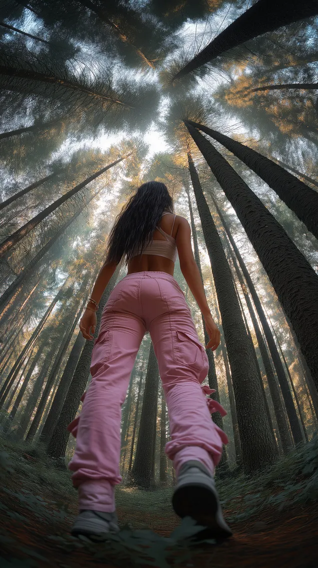 nainen matalalla kuvakulmalla metsassa korkeiden puiden ymparoimana lataa