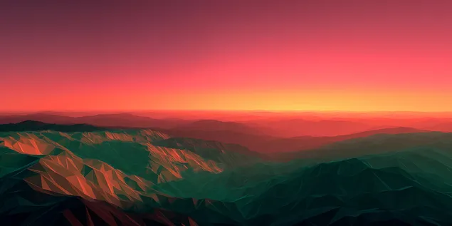 Landskap gunung poli rendah pada waktu matahari terbenam dengan langit yang menarik 2K kertas dinding