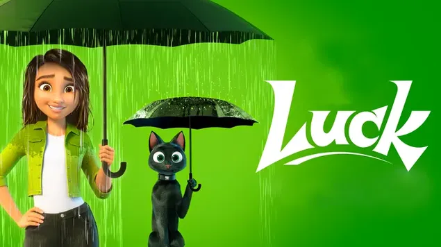 Keberuntungan karakter film animasi pose lucu gadis basah hujan dan kucing hitam lucu dengan payung 4K wallpaper