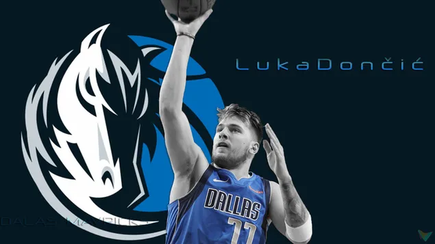 Luka Dončić und Dallas Mavericks Logo dunkelblauer Hintergrund herunterladen