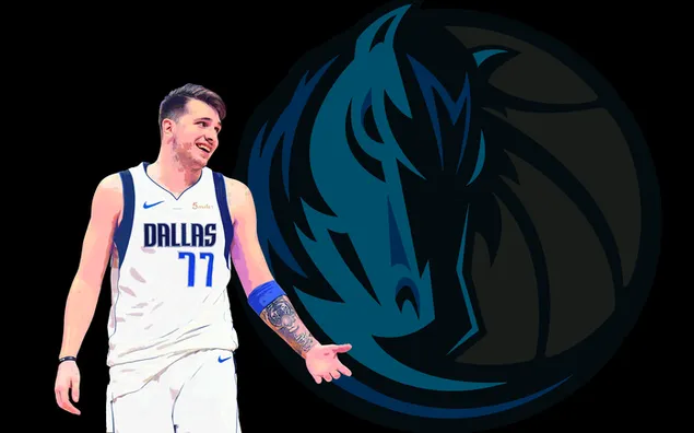 Luka Dončić und Dallas Mavericks Logo schwarzer Hintergrund herunterladen
