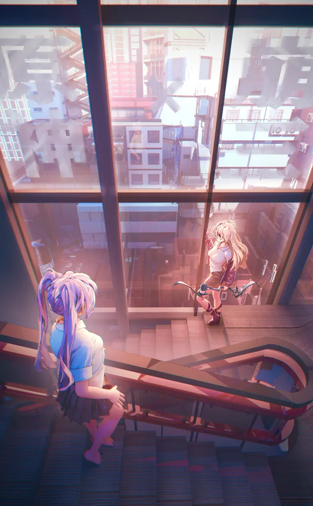 Lumine & Barbara ชมเมืองจากหน้าต่างบันได | ผลกระทบกันชิน 4K วอลเปเปอร์