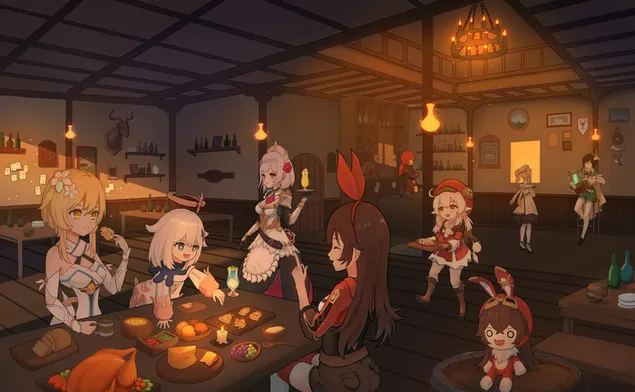 Lumine & friends eating dinner together | Genshin Impact  4K wallpaper
