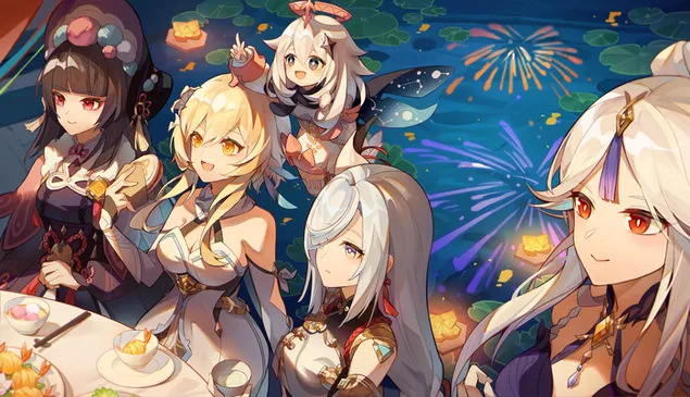 Lumine & vänner tittar på fyrverkerikväll | Ganshin Impact 4K bakgrund