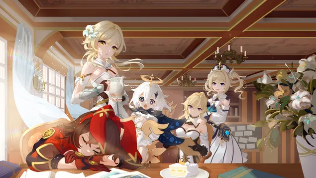 루미네와 그녀의 친구들은 직장에서 잠든 엠버를 발견했다(간신임팩트) 4K 배경화면