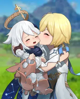 Lumine kissing her cute little sister Piamon | Genshin Impact  2K wallpaper