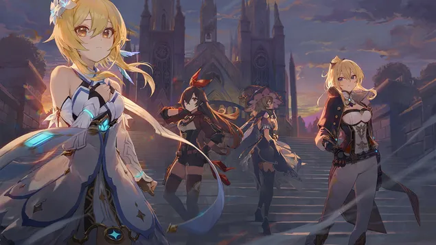 Шпалери Lumine & Lisa with Amber & Jean - Genshin Impact (аніме-відеогра) 4K