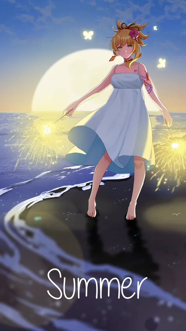 لومين يلعب بالمصابيح النارية على شاطئ الغروب | تأثير جينشين 2K خلفية