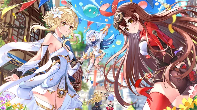 Festival kutlamalarının tadını çıkaran arkadaşlarla Lumine | Genshin Etkisi 2K duvar kağıdı