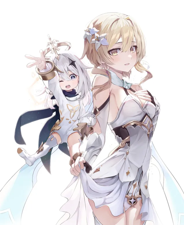 Lumine 和她可愛的妹妹 Piamon | 原神衝擊 2K 壁紙